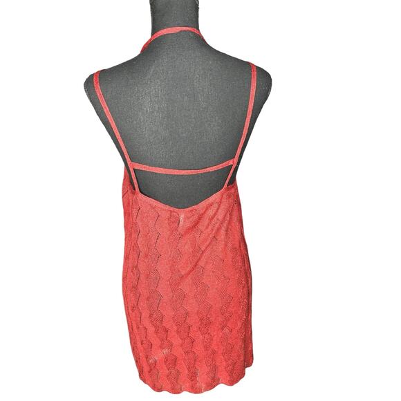 Free People Halter Neck Mini Dress Red Backless Sheer Front Button Crochet S - Picture 4 of 7